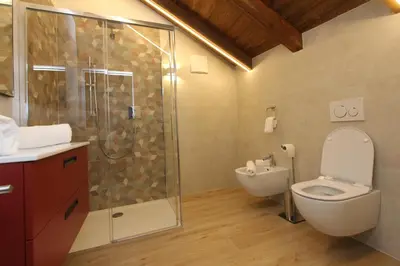 a bathroom with a shower and a toilet and a sink at Affittacamere Mercedes in Romallo