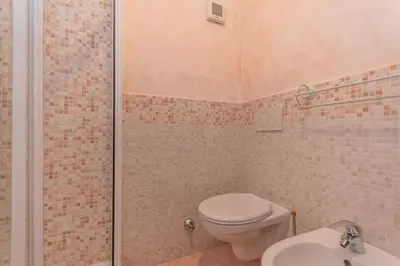 a bathroom with a shower and a toilet and a sink at Residenza Latemar in Moena