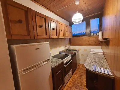 a small kitchen with a refrigerator and a sink at La Finestra sui Monti - Alpine Stay Apartments in Cavalese