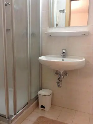 a bathroom with a sink and a shower and a toilet at Ottenkellerhof in Bolzano