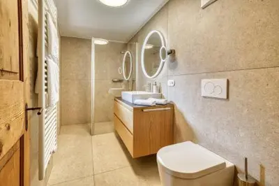a bathroom with a toilet and a sink and a mirror at Lothof in Schenna