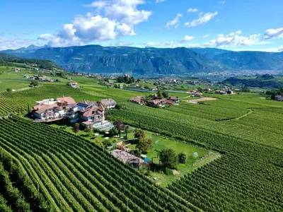 a dining room with a table and some windows at DAS MATSCHER Residence & Garden Hotel in Appiano sulla Strada del Vino