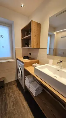 a bathroom with a sink and a washing machine at Casa Il Giardino in Pozza di Fassa