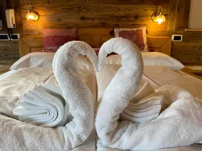 two swans making a heart on a bed at Villa Anita San Vigilio di Marebbe in San Vigilio Di Marebbe