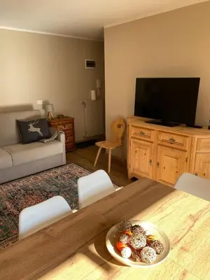 a living room with a television and a table with a rug at Case Vacanza Marco - Apt 115 in San Martino di Castrozza