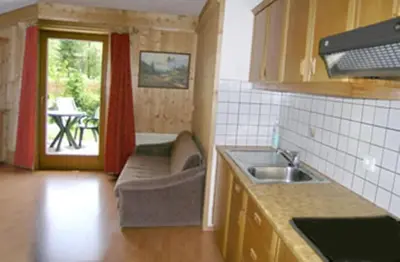 a kitchen with a sink and a couch in a room at Residencesora in San Vigilio Di Marebbe