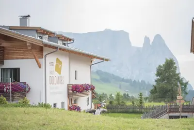 a building on a hill with mountains in the background at Hotel Chalet Dolomites in Alpe di Siusi