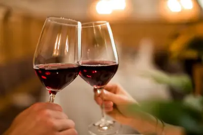 two people holding up glasses of red wine at Hotel Jager Hans in San Martino