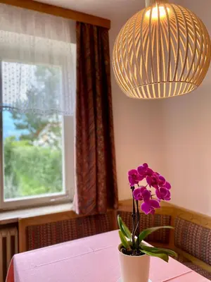 a vase with purple flowers on a table under a lamp at Appartement Hortensia - Haus Midi in Marlengo
