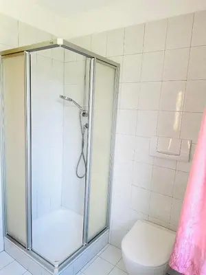 a shower stall in a bathroom with a toilet at Appartement Hortensia - Haus Midi in Marlengo