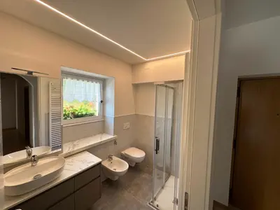 a bathroom with a sink and a toilet and a mirror at Pippi Home in Castello di Fiemme