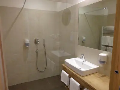 a bathroom with a sink and a shower at Hotel Gasthof Kircher in Fiè
