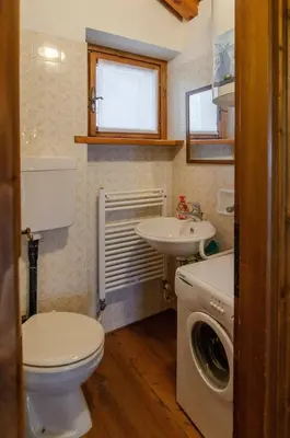 a bathroom with a toilet a sink and a washing machine at Estate in montagna in San Vito di Cadore