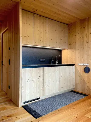 a kitchen with wooden walls and a sink in a room at Schallerhof Sterzing - Deine Auszeit mit Ausblick in unseren Ferienwohnungen auf dem Bergbauernhof in Südtirol in Vipiteno
