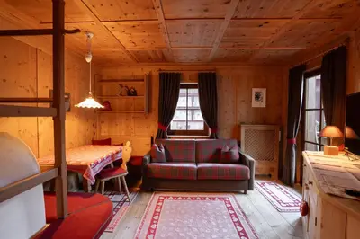 a living room with a couch and a table at Apartments Mauriz in Selva di Val Gardena