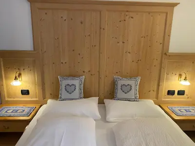two beds in a room with wooden walls at Apartments Mauriz in Selva di Val Gardena