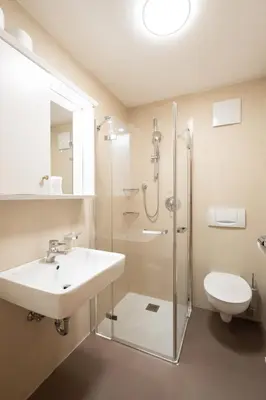 a bathroom with a sink and a shower and a toilet at Apartments Mauriz in Selva di Val Gardena