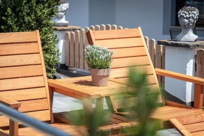 a wooden chair and a potted plant sitting on a table at Mountain Caravan - Zirben Nestl in Nova Ponente