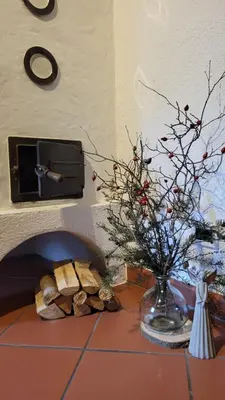 a vase of fire wood and a vase of flowers at Fruemess - Historic Refugium in Parcines