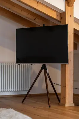 a flat screen tv on a stand in a room at KARINA Mulino in Montagna