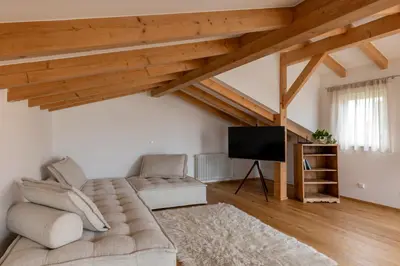 a living room with a couch and a flat screen tv at KARINA Mulino in Montagna