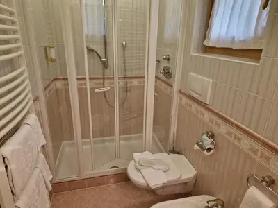 a bathroom with a shower and a toilet at Residence Ciastel in Ortisei