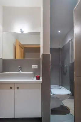 a bathroom with a toilet and a sink and a shower at Residenza Larici in Bellamonte