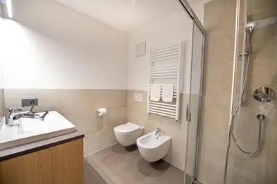 a bathroom with a toilet and a sink and a shower at Apartments Chalet Silva in Selva di Val Gardena