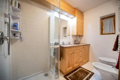a bathroom with a shower and a sink and a toilet at Cristina Hospitality in Ortisei