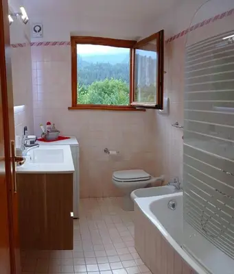 a bathroom with a sink and a toilet and a window at Casa Amabile in San Vito di Cadore