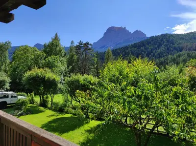 a view from the deck of a house with trees and mountains at Casa Amabile in San Vito di Cadore