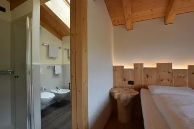 a bathroom with a bed and a sink and a toilet at Ciasa Lisüra in Badia