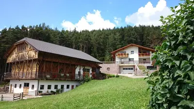 a couple of buildings on a hill with trees at Polzhof in Castelrotto