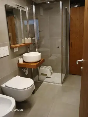 a bathroom with a toilet and a sink and a shower at Appartamento con terrazza vista Pale di San Martino in San Martino di Castrozza