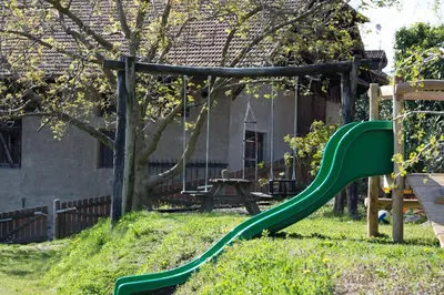 a playground with a green slide in a yard at Weingut Pardellerhof in Marlengo