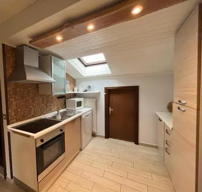 a kitchen with a sink and a stove top oven at Casa Karin in Canazei