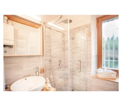a bathroom with a sink and a glass shower at Apartment Toni in Sarntal