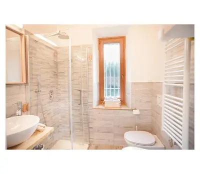 a bathroom with a toilet and a sink and a shower at Apartment Toni in Sarntal