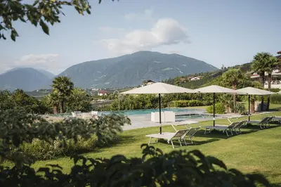 a pool with umbrellas and chairs and a swimming pool at Hotel Hofbrunn in Rifiano