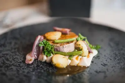 a piece of meat with vegetables on a black plate at Hotel Hofbrunn in Rifiano