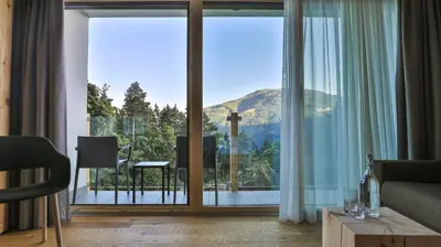 a room with a large window with a view of a mountain at Ladurner in Lagundo
