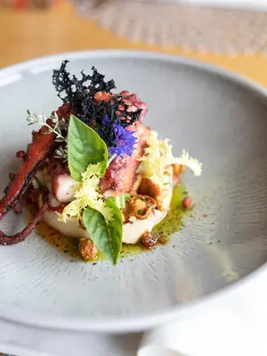 a white plate with a dish of food on a table at Ladurner in Lagundo