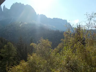 a view of a mountain with trees in the foreground at Berghütte Plafötschalm in Tires
