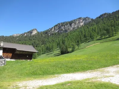 a barn in a field with mountains in the background at Berghütte Plafötschalm in Tires