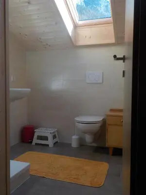 a bathroom with a toilet and a skylight at Berghütte Plafötschalm in Tires