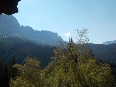 a view of a valley with trees and mountains at Berghütte Plafötschalm in Tires
