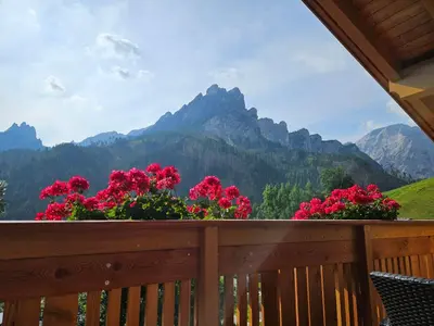 a balcony with flowers and mountains in the background at Apartement Schuster Lake Prags Braies in Braies