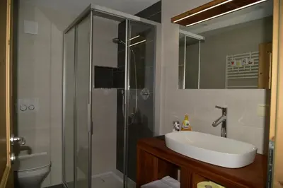 a bathroom with a sink and a glass shower at Apartement Schuster Lake Prags Braies in Braies