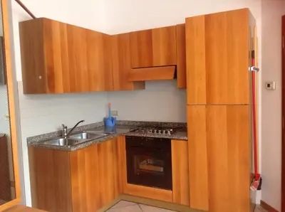 a kitchen with wooden cabinets and a sink and a refrigerator at Casa Berlanda in Fiera di Primiero