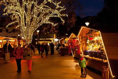 a group of people walking down a street with christmas lights at Apartment Anna in Merano